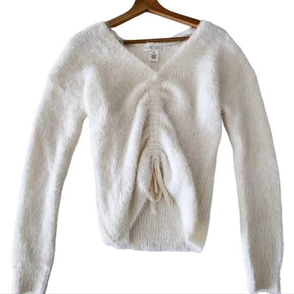 Planet Gold Cream V-neck Eyelash Knit Drawstring Ruched Sweater Juniors Size M - Picture 7 of 8